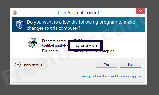 Screenshot where LLC, GROMKO appears as the verified publisher in the UAC dialog